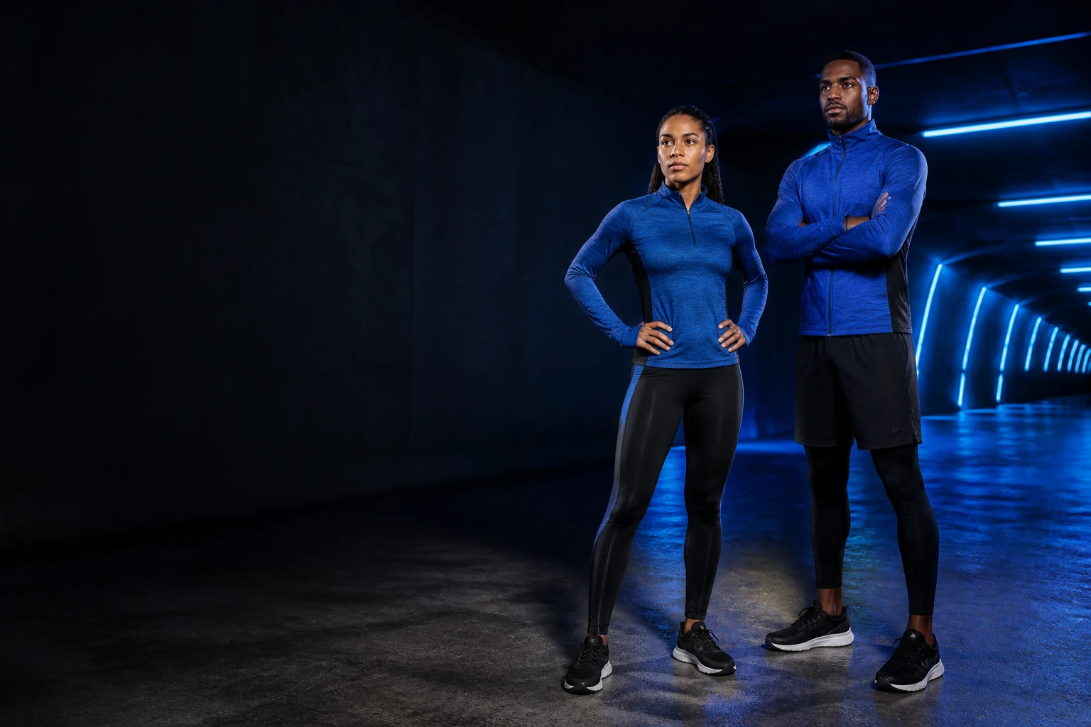 Two athletes wearing blue and black performance apparel
